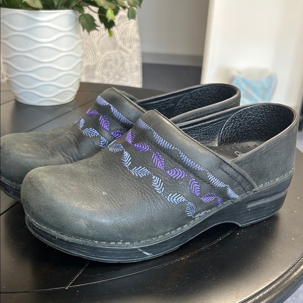 Dansko Black Leather Clogs with Purple & Blue Stitching